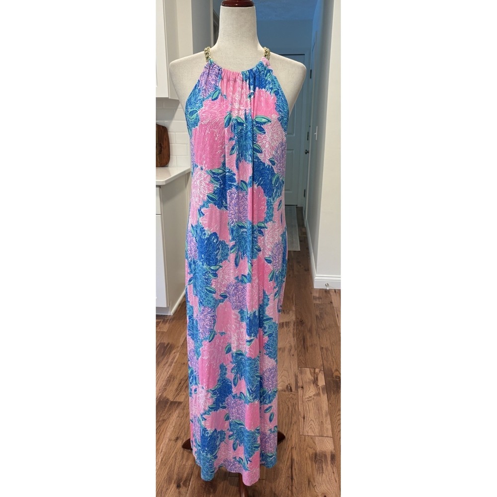 Lilly Pulitzer Gold Chain Halter Neck Bingham Midi Dress‎ Women's XL No Belt
